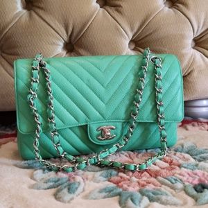 Chanel Classic Double Flap Bag Chevron Green